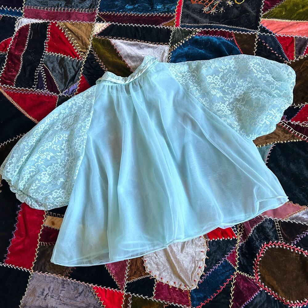 Vintage 50s/60s Baby Blue Lace Puff Sleeve Sheer Chiffon Trapeze Bed Jacket M - Picture 5 of 8